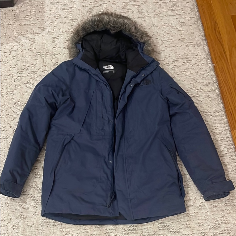 The North Face Blue and Black Puffer Jacket with Fur Hood